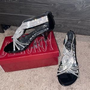 Black Strappy Rhinestone Sandal with Low Heel